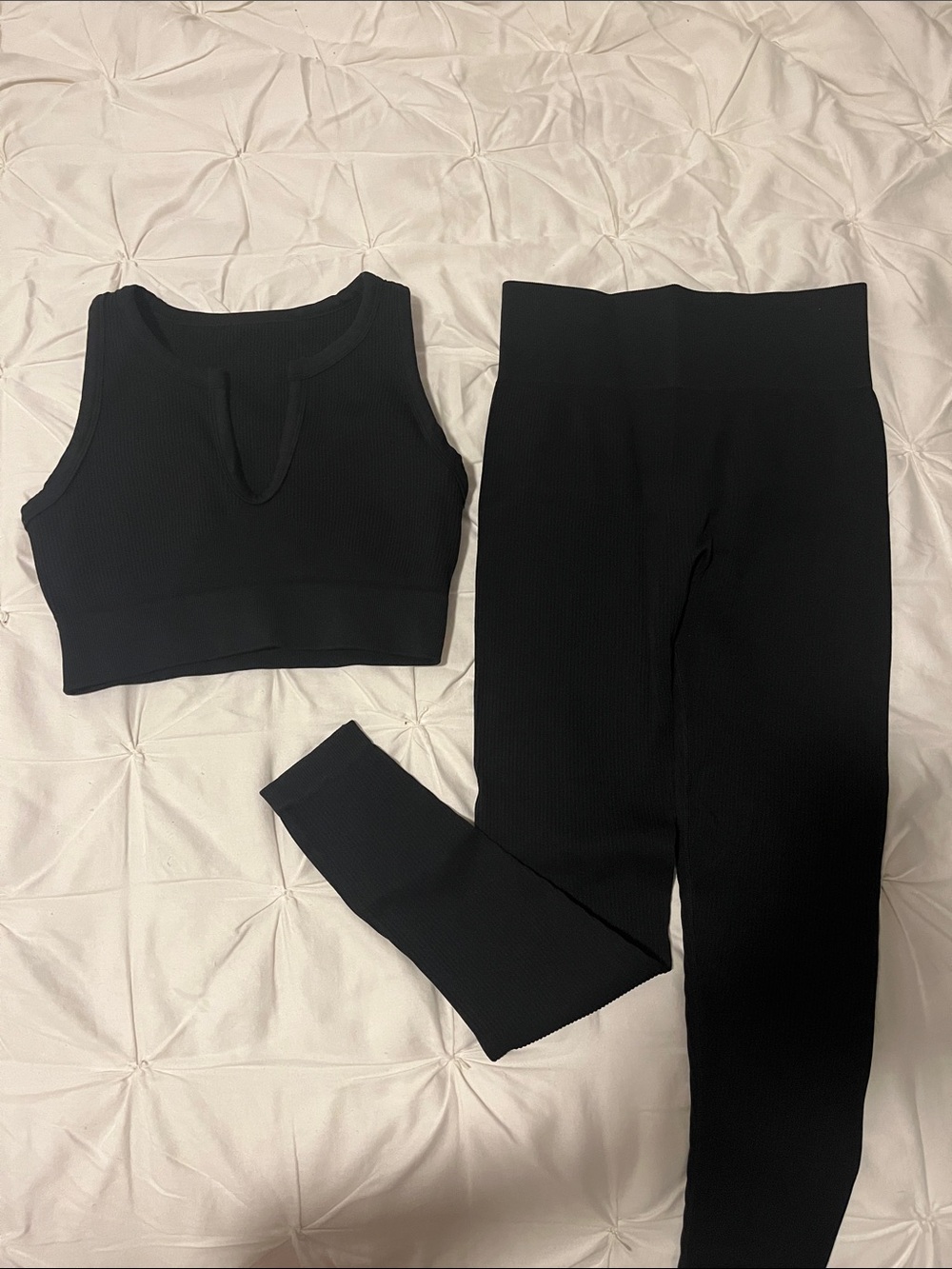 Amazon Black Ribbed High-Waist Leggings with Matching Crop Tank Set